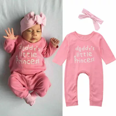 Newborn Baby Girl Bowknot Romper Bodysuit Jumpsuit Headband Outfits Clothes UK • £13.19