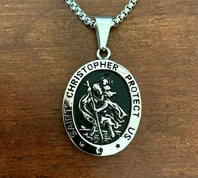 DEZILOO Mens Saint St Christopher Medal Pendant Necklace Stainless Steel Amulet • $10.13