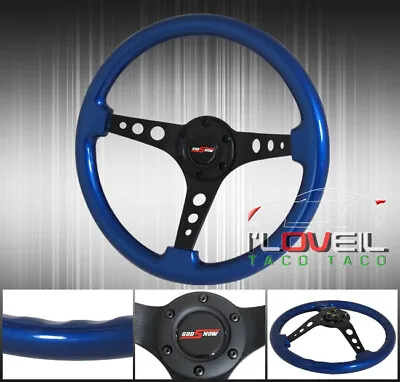 $66.99 • Buy Blue Wood Black Center Godsnow Button 3 Circle Steering Wheel 6-Bolt Tuning Jdm