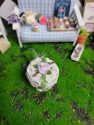  Vintage Miniature Hat Box W/ Feathers Purple Roses And Lace Dollhouse Artisan • $24.88