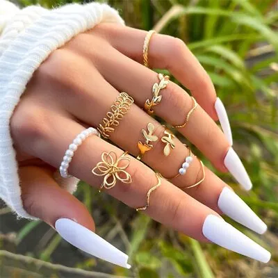 Women 10pcs Flower Stack Plain Above Knuckle Ring Midi Finger Rings Set Gift New • $1.82