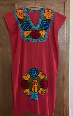 Vintage Handmade Embroidered Mexican Peasant Midi Dress Floral M L Shift • $12