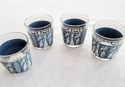 4 Jeannette Corinthian Blue Hellenic  Cocktail Tumbler Glasses 1960's Vintage  • $21.25