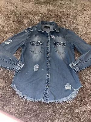 MISSGUIDED Denim Shirt Blue Distressed Cotton Womens Top Size S • £3.99