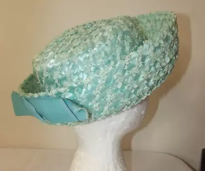 Vintage Union Made STRAW Breton HAT - Medium - Blue Ribbon 60s Easter Church • $23.06