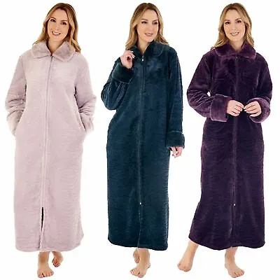 Ladies Slenderella Fur Collar Embossed 50  Zip Up Dressing Gown Robe • $116.59