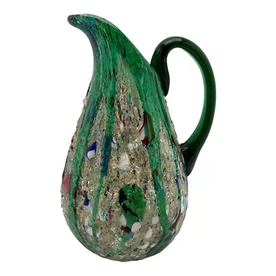 Vintage Murano Pitcher Italy Art Glass Green Speckled Gold Flakes • $250