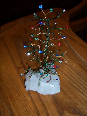 NICE VTG 7  RETRO Art Crafted XMAS Tree Metal Wire Quartz Stone Base Multi Gems • $21.99