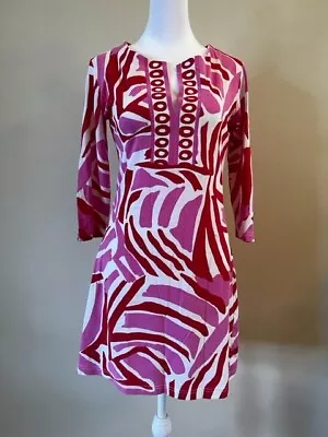 Barbara Gerwit Pink Red White V Neck 3/4 Sleeve Sheath Dress Size XS • $19.99
