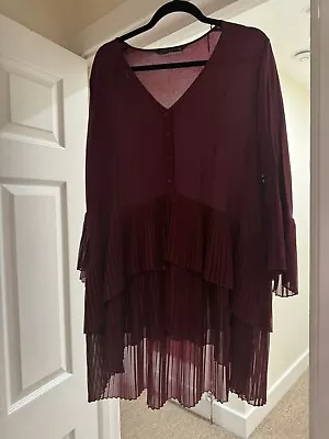 Zara Maroon Pleated V Neck Dress Top Size 16 • £12
