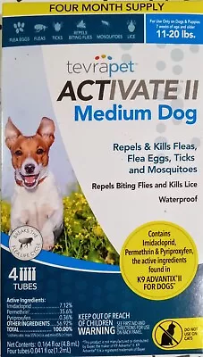 TEVRAPET ACTIVATE II MEDIUM DOG OVER 11-20lbs KILLS FLEAS & TICKS 4 MONTH SUPPLY • $24.97