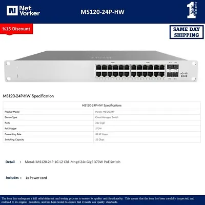 UNCLAIMED Cisco Meraki MS120-24P-HW - 24Ports Ethernet PoE Switch  Same Day Ship • $295.55