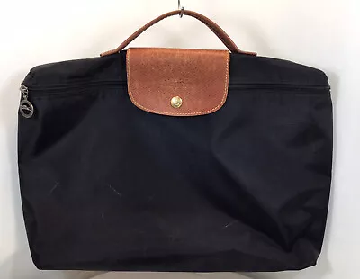 Vintage LONGCHAMP Le Pliage Briefcase Black With Brown Leather Trim Rare France • $75