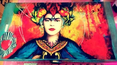 Large Mixed Media Art Altered Vintage Wooden Cigar Box Frida Kahlo Inspired • $24.95