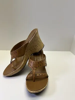 Michelle D Studded Light Brown Cork Wedge Thong Sandals Heels Shoes Size 8 1/2 • $18.95