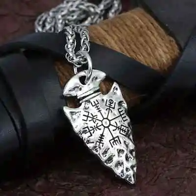 VIKING COMPASS Arrow Head Mens Ladies Runes Emo Punk Steel Necklace & Pendant • £10.95