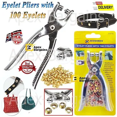 Eyelet Plier Punch Tool Hole Maker Leather Craft Kit Silver & 100x Brass Eyelets • £4.89