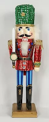 15” Tall Wooden Standing Nutcracker Red & Green Sequins W/ Sword Christmas • $32