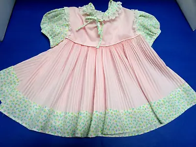 Vintage Baby Dress Pink Pleated Floral Lace Mid Century Shoulder - Shoulder 9 In • $24.99
