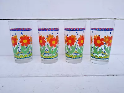 4 VINTAGE 1970s Tumbler Glasses Drinking Glasses Colourful Flowers • £14