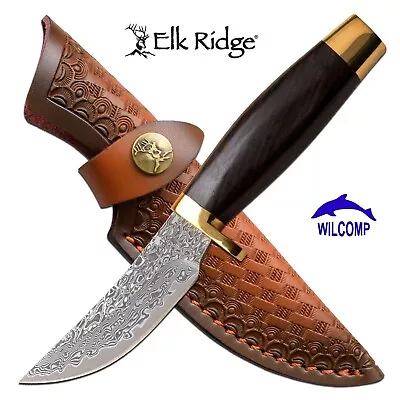 ELK RIDGE ER-050DM Damascus Fixed Blade Knife With Leather Sheath • $140