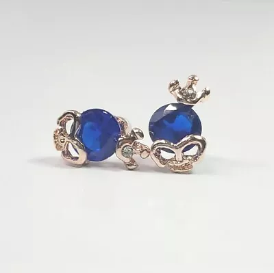 E0468 Dainty Gold Tone Blue Rhinestone Crown Skull Shape Mini Stud Earrings • $7.99