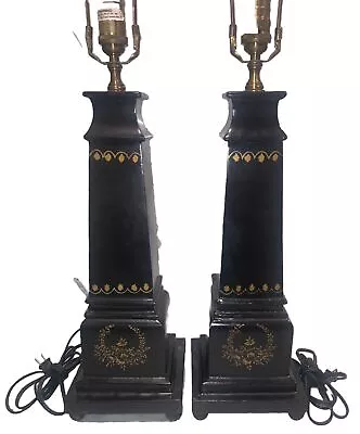 VTG PR Black French Tole Regency Empire Neo Classical Lamps 20.25”T 7”Sq Base • $379.99