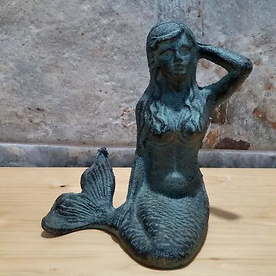 VTG Cast Iron Mermaid Sculpture Kneeling Blue Green Statue Outdoor Garden Home D • $69.95