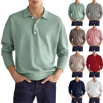 Mens Lapel Neck Business Polo Shirt Casual Long Sleeve Tee Tops Sport T Shirts • £10.99