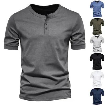 Mens Henley T-shirt Plain Short Sleeve Grandad Neck Tops Casual Summer Blouse • £2.59