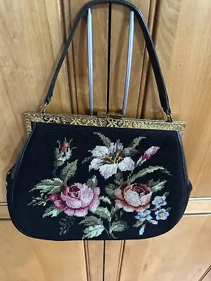 Vintage 50s 60s  Needlepoint Top Handle Carpet Bag Purse Floral Leather • $33.99