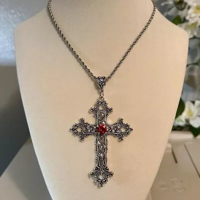 Large Victorian Cross Necklace Floral Design Religious Gothic Grunch Silver New • $18.98