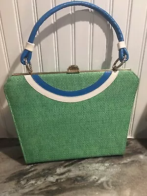 1960s 70s Straw/vinyl Bag Mod Green Blue Satin Interior VGC • $39.50