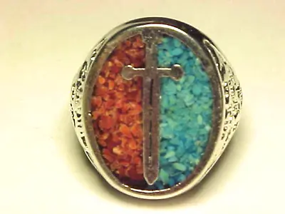 TURQUOISE & CORAL BIKER Or MOTORCYCLE RING SWORD OF JUSTICE   SIZE 8 1/2   NOS • $14.99