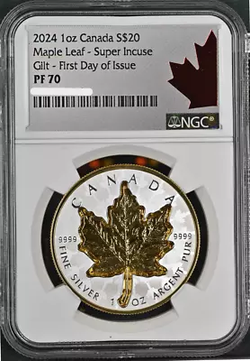 2024 Canada Super Incuse Maple Leaf 1 Oz Silver Gilded Coin NGC PF 70 • $344.76