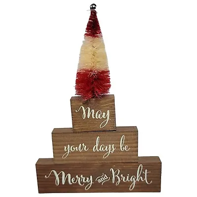 Rustic Oak Christmas Blocks Farmhouse Decor Merry And Bright Bottle Brush Tree • $13.79