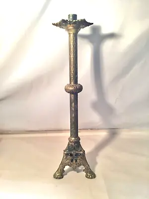 Antique Brass Church Cathedral Altar Candle Holder Gothic 19” 3 Legs 3 Crosses • $75