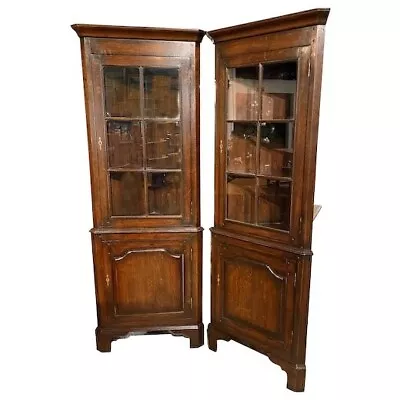 Pair Of English Oak Diminutive Two Door Corner Cupboards • $3900