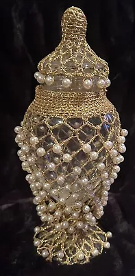 VINTAGE Glass Apothecary Jar W/Lid Covered W/Shiny Gold Crocheted Mesh & Pearls • $8