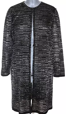 Ming Wang Women Open Front Long Jacket Evening Coat Size XL Knit Black Silver • $99