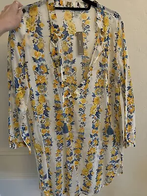 J Crew Women's Swim Suit Cover Up Tunic Yellow Flowers Blue SZ Small • $50