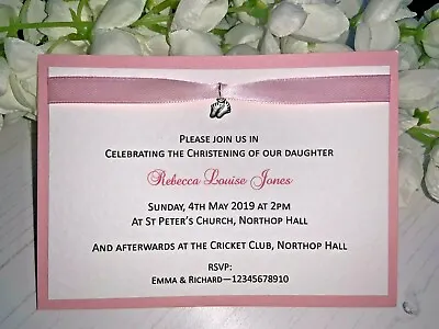 £25 • Buy Christening Invites - Baby Pink Ribbon & Silver Baby Feet Charm - Pack Of 20