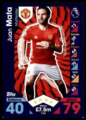 Match Attax 2016-2017 Juan Mata Manchester United Base Card No. 193 • £1