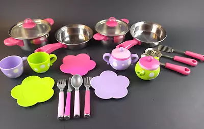 $12 • Buy Metal And Plastic Children's Play Pots Pans Pink Handles Dishes Utensils 18 Pc