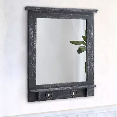 Hallway Bathroom Wall Mirror With Shelf Hooks Vintage Wooden Frame Mirror Decor • £43.95