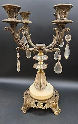 Vintage 1977 H.S. Ind Gold And Crystal Candelabra W/Marble Base 13.5  • $24.99