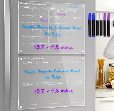 Acrylic Magnetic Monthly Weekly Calendar For Fridge 2 Set Clear 6 Dry Wipe Pens • £29.99