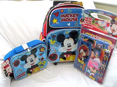 Disney Mickey Mouse 16  Blue Rolling Backpacklunchboxand 11 Pc Stationary-new! • $129.99