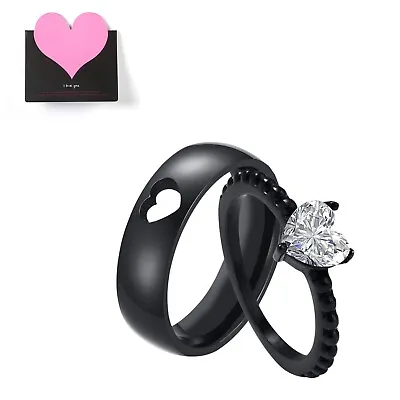 2pc His&Hers Couple Heart Matching Ring Set Titanium Cubic Zirconia Wedding Band • $15.99