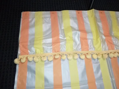 $39 • Buy Vtg 60s Vinyl Shower Curtain & Valance Orange Yellow Stripes Pom Pom Trim CUTE!!